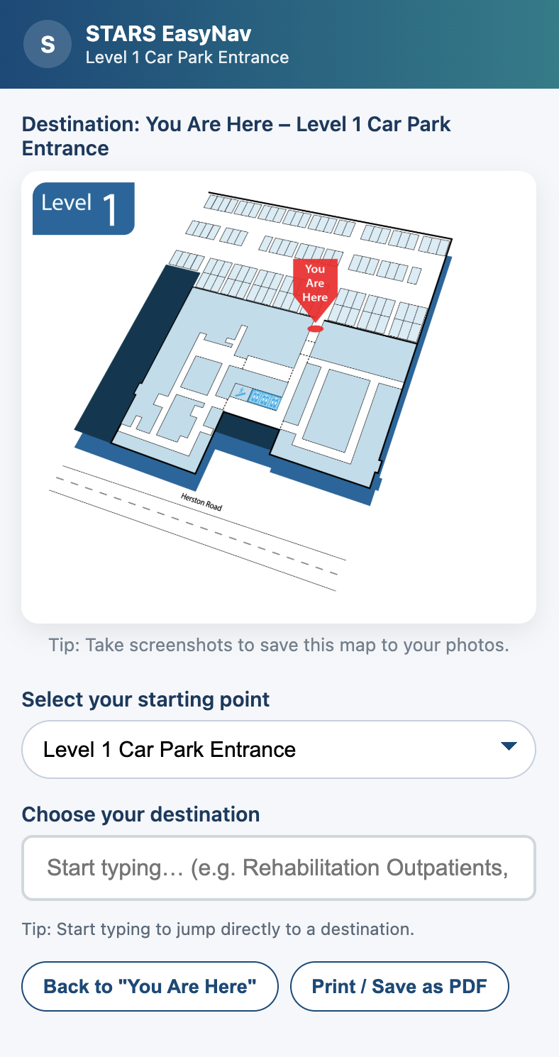 EasyNav STARS map – Level 1 Car Park Entrance