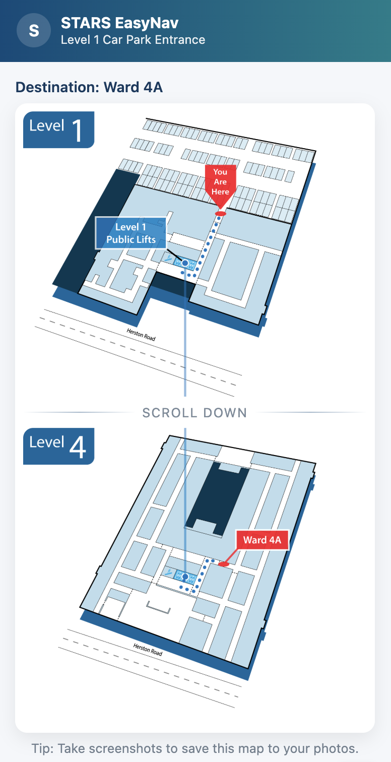 EasyNav STARS multi-level route – Level 1 to Level 4 Ward 4A